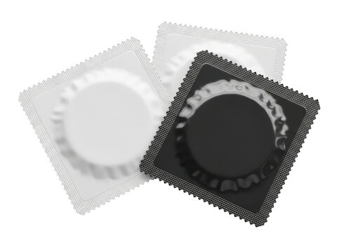 Black and white condom wrappers in square foil packages for sexual health isolated on transparent background