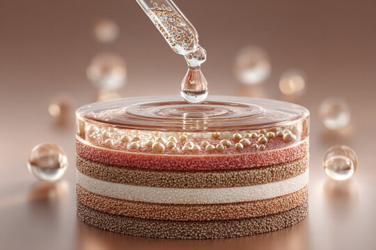 Serum drop penetrating skin layers in cross section view for cosmetic dermatology concept