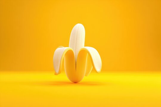 A peeled banana on a yellow background