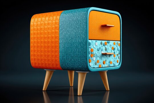 Orange and teal nightstand with mid-century legs