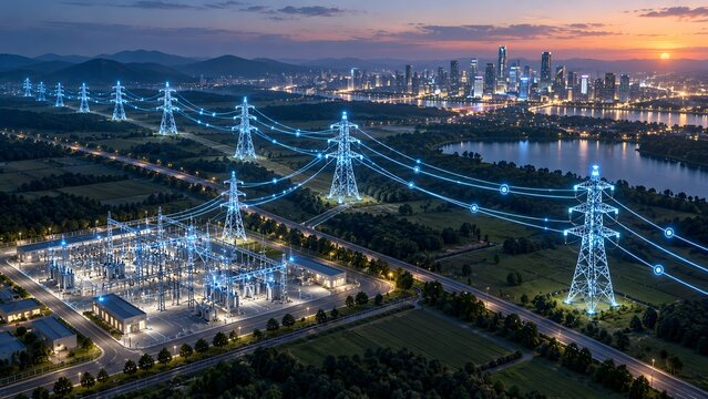 Futuristic smart grid electrical substation with glowing digital transmission lines connecting to a modern cityscape at dusk representing advanced energy distribution