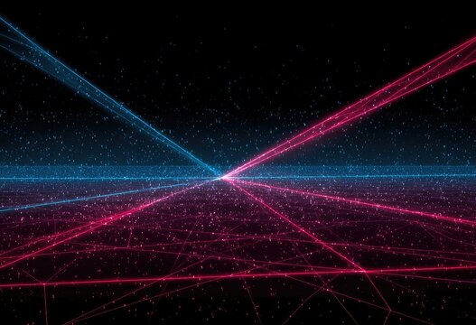 Abstract digital landscape with vibrant pink and blue light beams