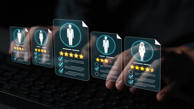 Digital Recruitment Process with Virtual Resumes and Ratings Displayed on Screen for Job Candidates and Employers in Modern Workspace Environment Sigmoid