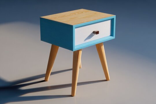Light-toned wooden nightstand with light-blue accents