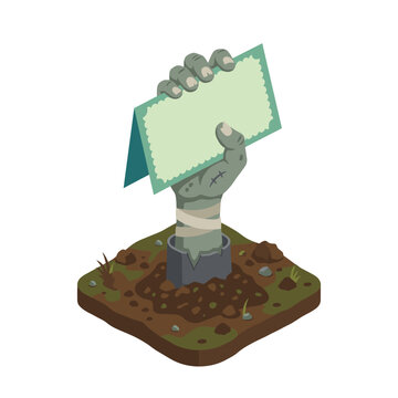 Zombie Hand Rising From Ground Holding Blank Sign.