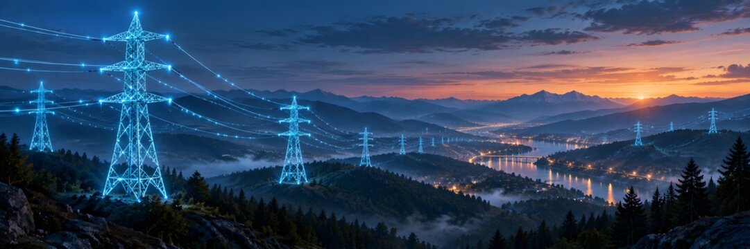 Wide panoramic view of smart grid transmission towers with glowing digital connections crossing a mountainous landscape to supply efficient energy to a distant valley city at twilight