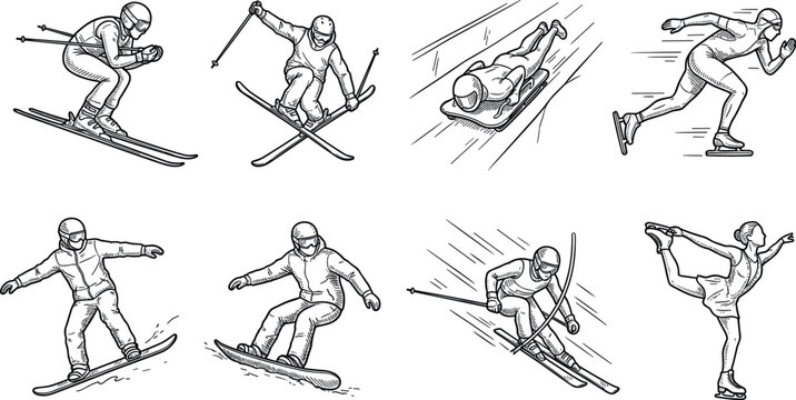 Winter Sports Athletes Vintage Engraving Sketch Set Featuring Downhill Skiing Snowboarding Speed Skating Bobsled Luge and Figure Skating Vector Graphics