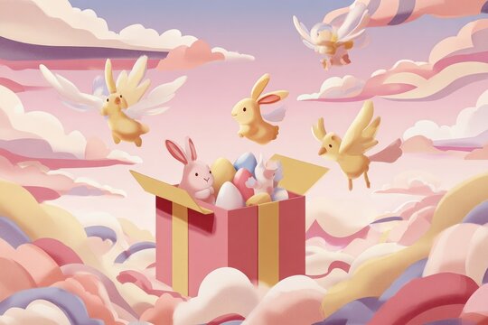 Cute Easter gift box with bunnies and birds in a pastel sky