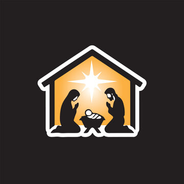 Minimalistische Vektorillustration der Geburt Jesu Christi. Moderne Weihnachtskrippe mit Maria, Josef und dem Jesuskind in der Krippe. Stilvolles, klares Design f&uuml;r Weihnachten.