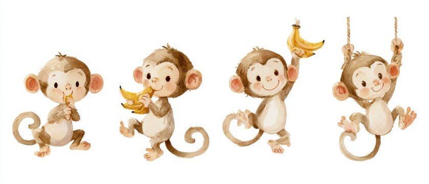 Cute watercolor illustration of a funny monkey eating bananas and swinging, four different poses in a horizontal row, character sheet, isolated on a white background, soft colors, children's book