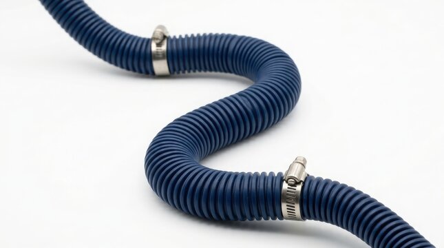 Flexible blue corrugated rubber hose with metal clamps for automotive engine cooling system