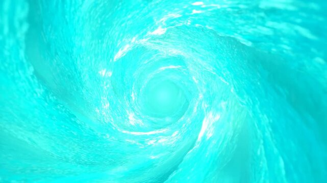 Turquoise water swirls through a bright circular tunnel as rippling currents spiral around a glowing center, creating an immersive underwater vortex with fluid texture and motion