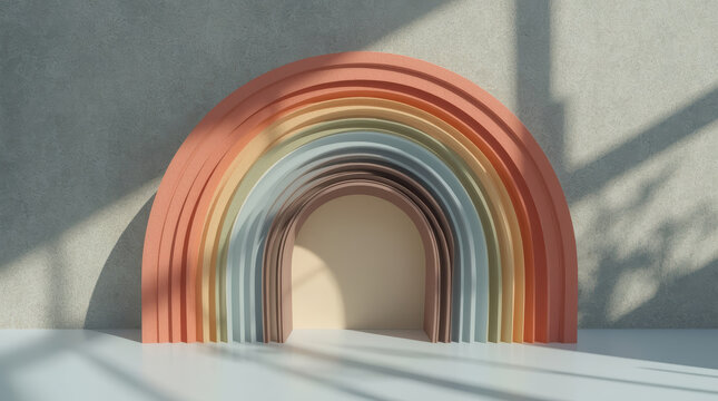 Modern layered paper arch rainbow sculpture in warm light and shadow