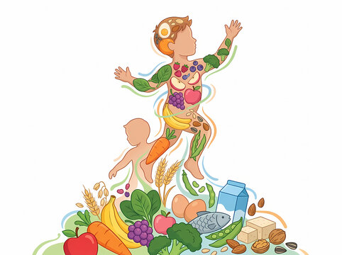 Vibrant illustration depicting a dynamic child figure formed from an array of healthy food, symbolizing energy, growth, and balanced nutrition for a robust and active lifestyle