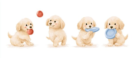 Obraz premium Cute watercolor illustration of a golden retriever puppy playing with a ball and frisbee, four different poses in a horizontal row, character sheet, isolated on a white background, soft colors