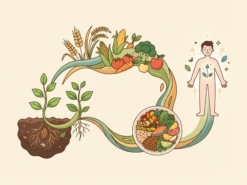 Detailed organic illustration depicts plant life cycle, soil nurturing produce, wholesome food sustaining human body, wellness promotion.