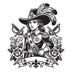 Fototapeta premium Black and White Vector Illustration of a Brave Female Musketeer Swashbuckler Warrior with Crossed Swords, Roses, and Fleur-de-lis Heraldry Design