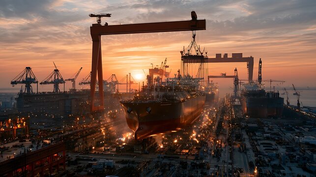 Yard dramatic aerial view of modern shipbuilding yard, massive LNG carrier hull section being lifted by gantry crane, welding crews working simultaneously on multiple hull blocks in background, 