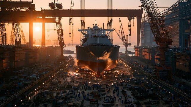 Yard dramatic aerial view of modern shipbuilding yard, massive LNG carrier hull section being lifted by gantry crane, welding crews working simultaneously on multiple hull blocks in background, 