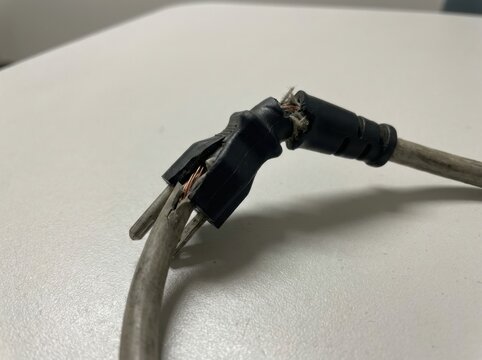 A bent and frayed cable connector with a kinked strain point and...