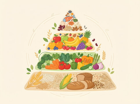 Vibrant flat illustration depicting a balanced healthy food pyramid, systematically layered with grains, fresh vegetables, juicy fruits, and essential proteins, ideal for wellness marketing resource.
