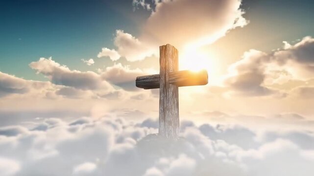 Aerial video of a wooden cross above clouds at sunrise, symbolizing hope and faith. Live desktop wallpaper.