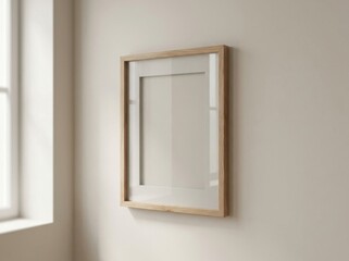 Fototapeta premium An empty picture frame hanging on a plain wall enclosing only bare...