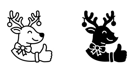 Christmas reindeer icons with thumbs up gesture, cute deer character head in line and silhouette styles, festive holiday mascot vector set © likon