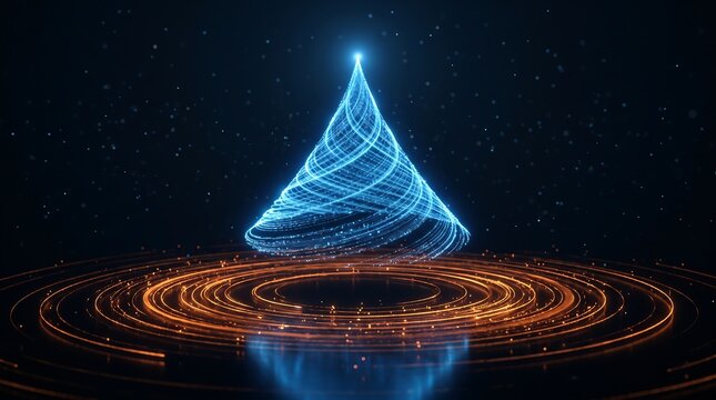 Abstract futuristic blue light vortex rising above glowing golden circular rings on dark background representing digital innovation and connectivity in modern business technology landscape