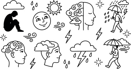 Fototapeta premium Mental health and psychology line art vector set featuring depression mood swings stress storm clouds and emotional wellness doodles