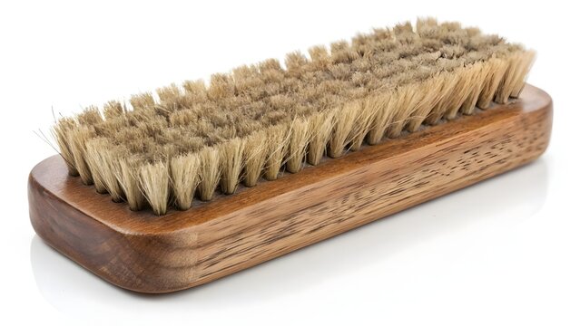 Wooden shoe brush with dense natural bristles is displayed on a white reflective surface.