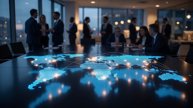 Corporate business team in blurred office meeting room with glowing digital world map on table representing global collaboration and international business networking in modern workspace