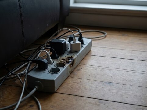 An overloaded power strip with too many plugs crammed in and a melted