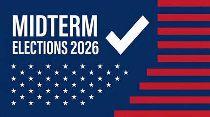 Fototapeta premium US midterm elections 2026 graphic with checkmark and patriotic stars.