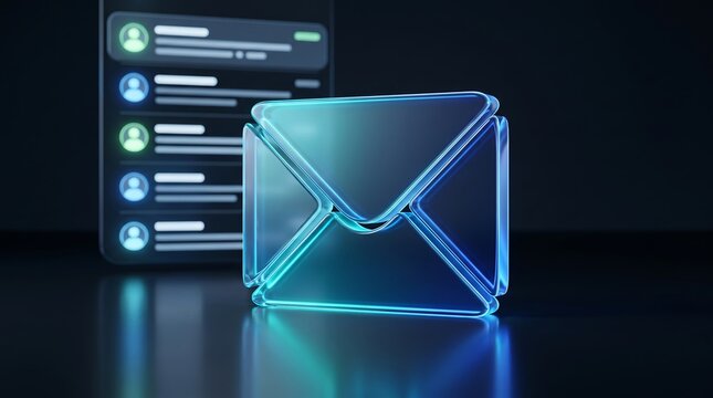 Glowing digital email icon hovering on a dark surface beside a vertical list of user contacts representing business communication and modern digital networking software solutions