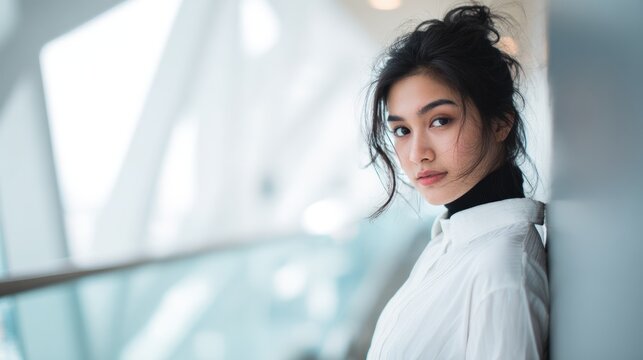 Confident young Asian woman leaning in modern building