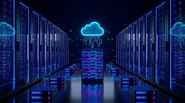 Cloud computing concept with glowing digital cloud icon hovering over server rack in modern data center featuring neon blue light trails and advanced technology infrastructure theme