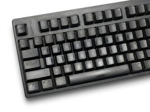 A worn computer keyboard with shiny buffed keycaps