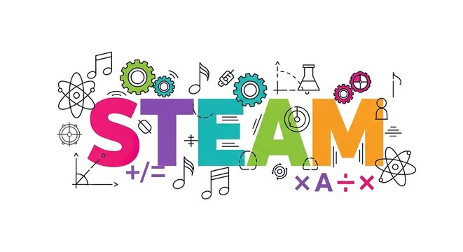 STEAM education concept vector banner. Featuring colorful letters and thin line science technology engineering arts and mathematics icons. Educational graphic design element for schools