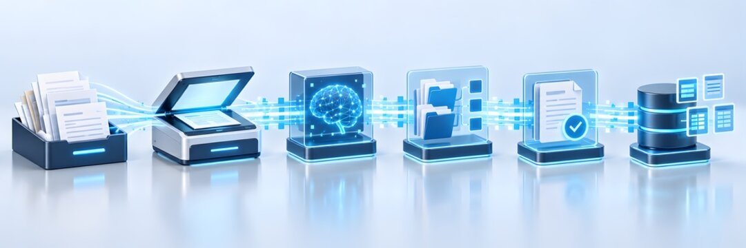 Automated digital transformation workflow process using artificial intelligence scanner to convert paper documents into secure database server storage