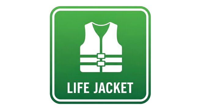 Life jacket safety sign icon. Green square placard featuring a white PFD flotation vest silhouette and bold text label. Essential maritime navigation warning symbol for water sports