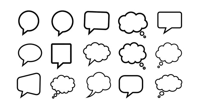 Speech bubbles and thought clouds solid icon set containing icons for Round Balloon Square Box Cloud Shape Thinking Bubbles and Dialogue Tails for communication and chat projects
