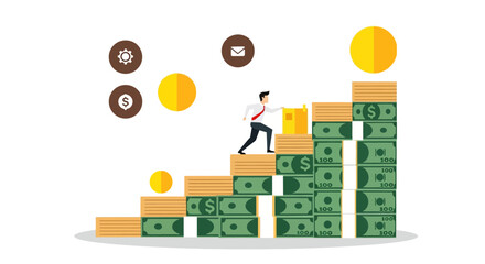 Naklejka premium Businessman Climbing Money Staircase for Financial Growth and Success