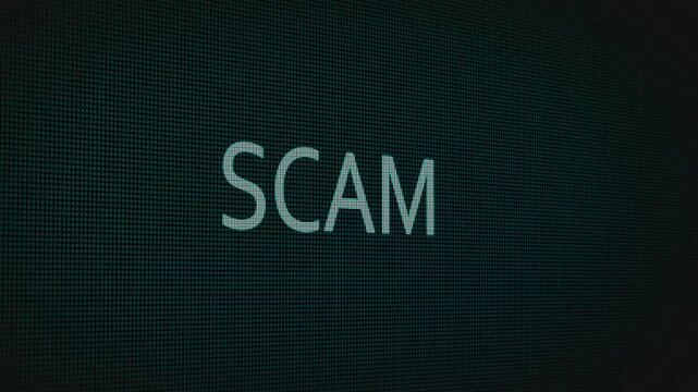 Scam word text typing animation on a computer screen in After Effects. Motion graphics highlight fraud, deception, and modern digital security awareness concepts.