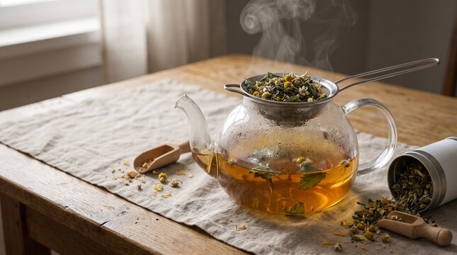 Herb tea brewing with dried leaves in a glass teapot on a table  