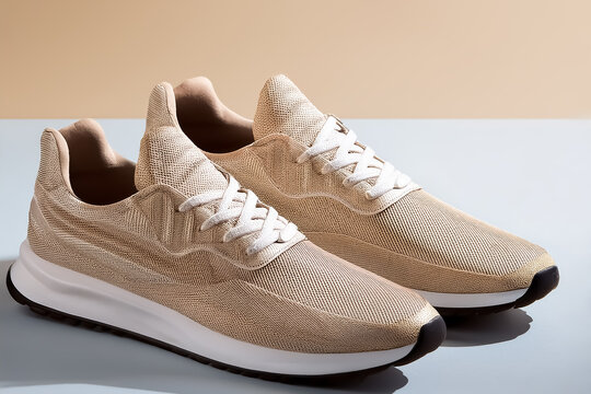 Ein paar Sneaker in beige stehen auf hellem Hintergrund