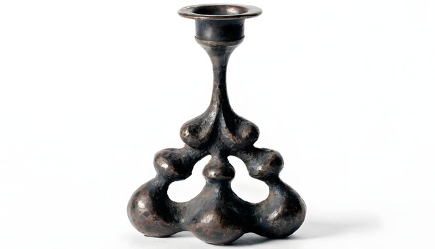Sculptural metal candlestick holder stands isolated against a clean white background.