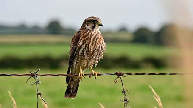 Kestrel bird perched on barbed wire fence in the countryside, observing the landscape on a cloudy day