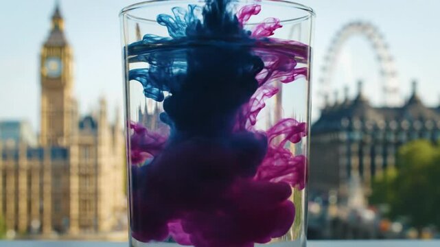 Abstract swirling ink blending in water against a blurred background of the London cityscape