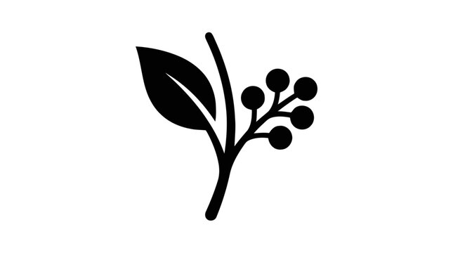 Vector illustration of black silhouette of a branch with a leaf and berries on a transparent background